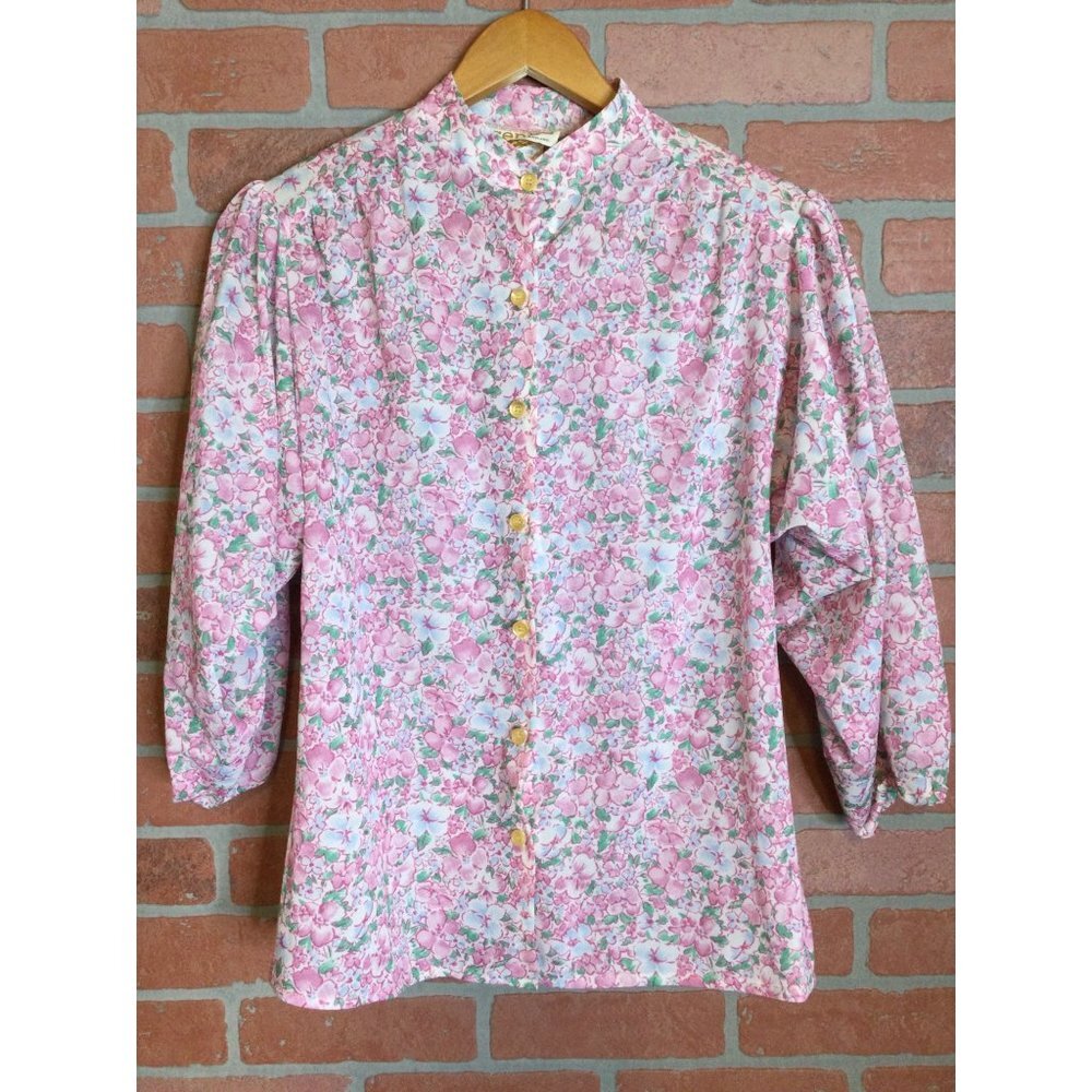 Vintage Center Stage Women's Floral Secretary Blouse Top 3/4 Sleeves Pink Small